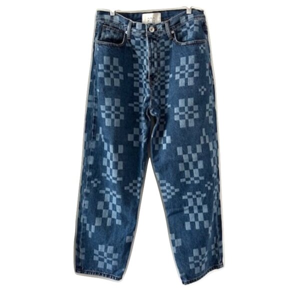Urban Outfitters Jeans Mens Blue 32x32 Bow Fit Checkerboard Dark Wash Denim - Picture 1 of 5
